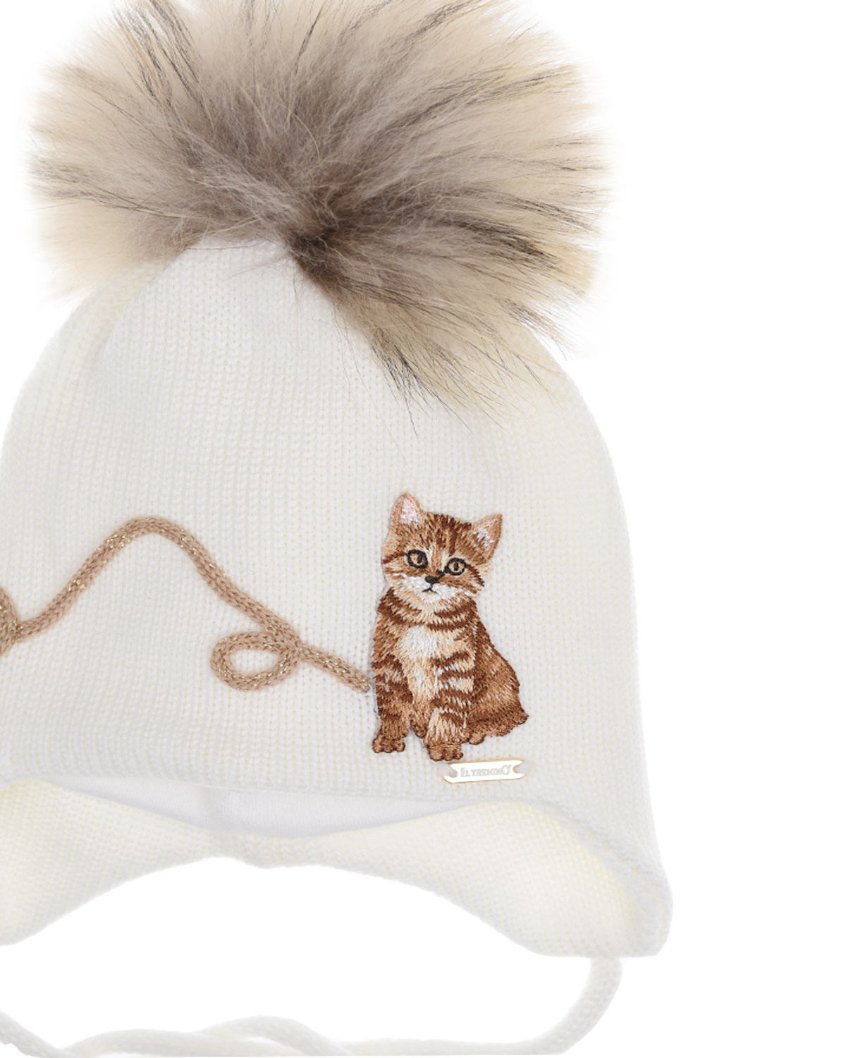 Шерстяная шапка с декором "котенок и клубок" Il Trenino детская, размер 37/39, цвет белый - фото 3