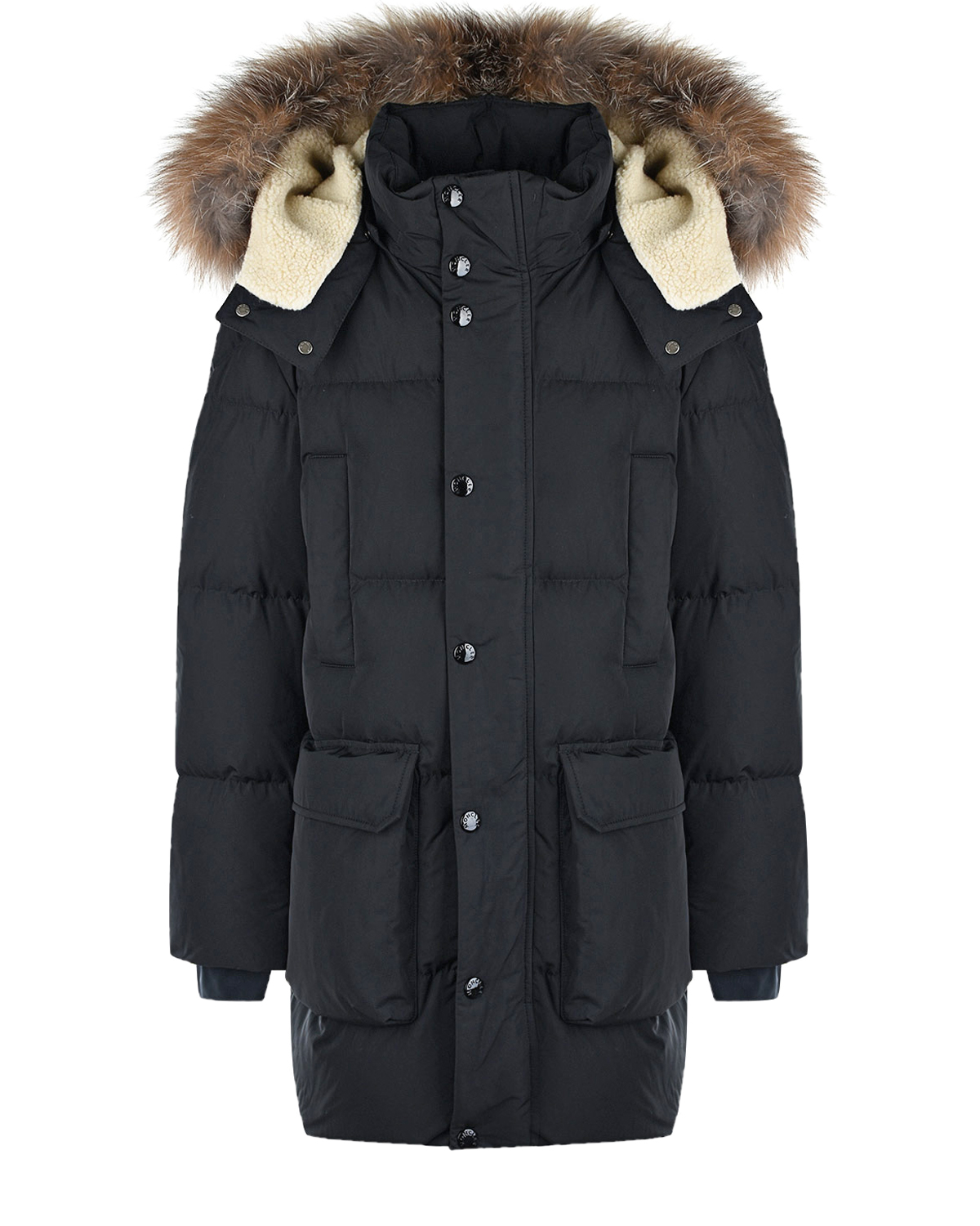 

Черный длинный пуховик с меховой отделкой Moncler