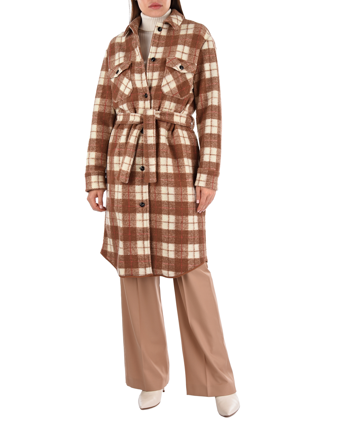 Клетчатое пальто с накладными карманами Woolrich, размер 42, цвет коричневый - фото 4