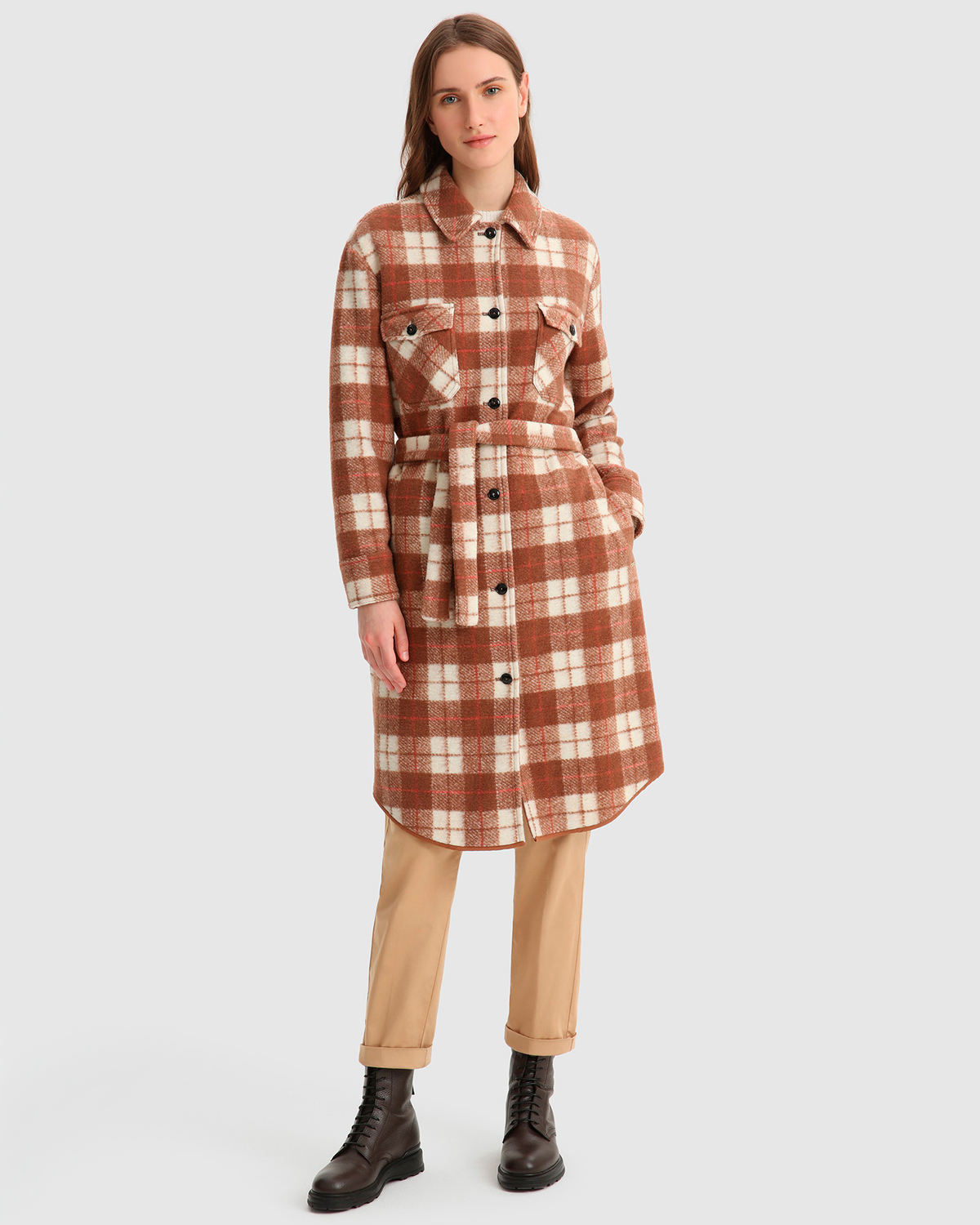 Клетчатое пальто с накладными карманами Woolrich, размер 42, цвет коричневый - фото 2