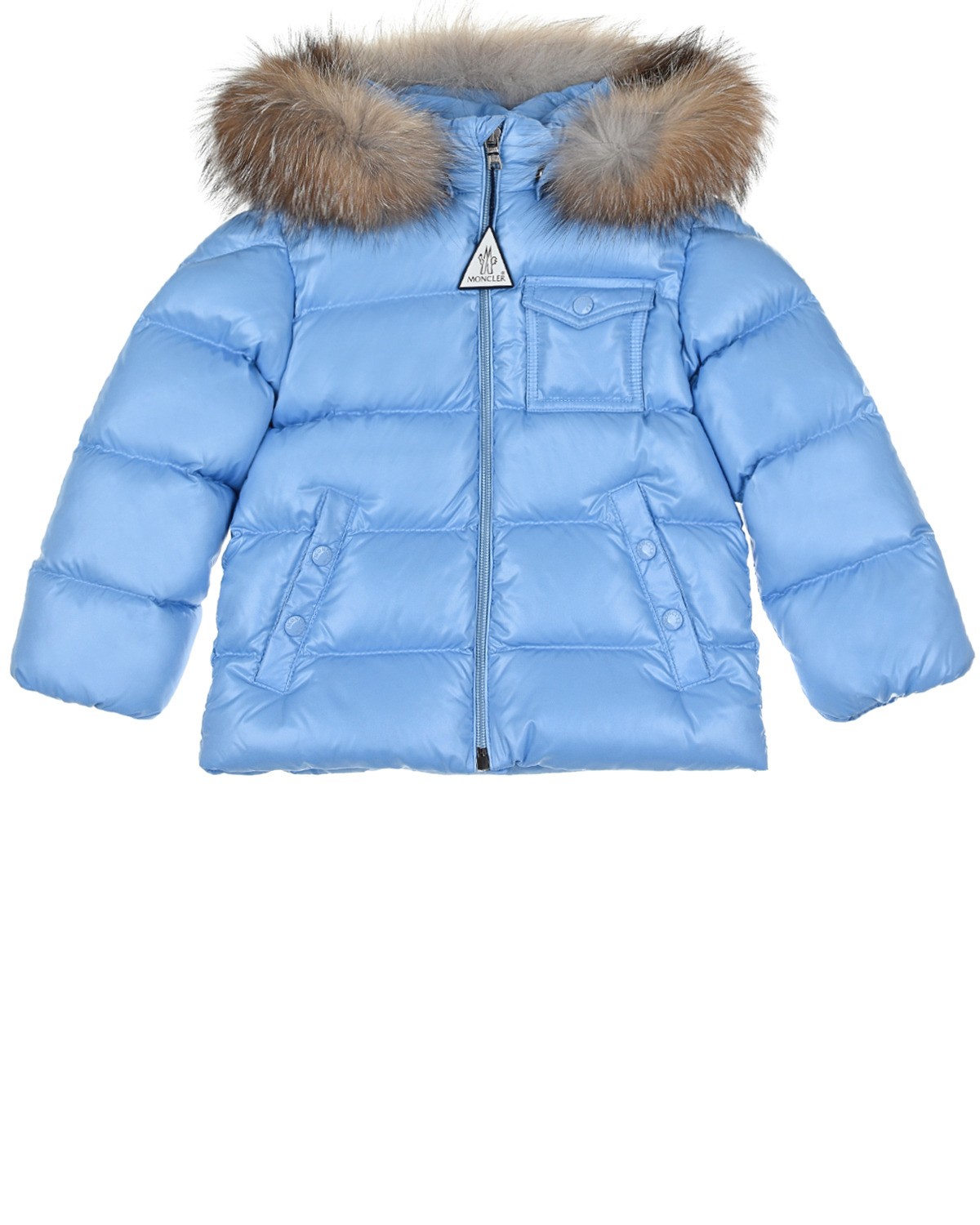 Голубая куртка с меховой оторочкой Moncler детская, размер 92, цвет голубой - фото 1