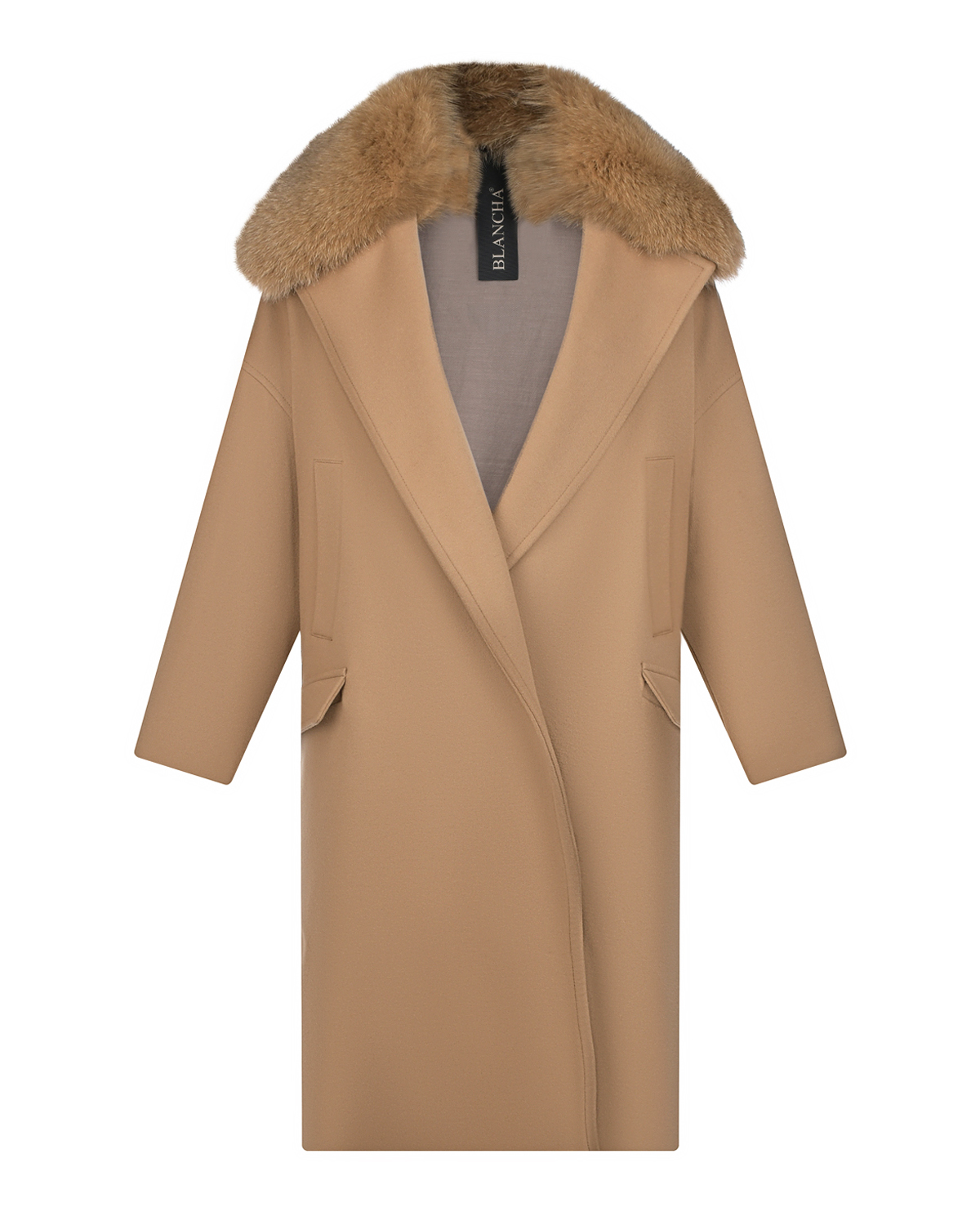 Бежевое пальто с воротником из меха лисы Blancha, размер 44, цвет бежевый - фото 1