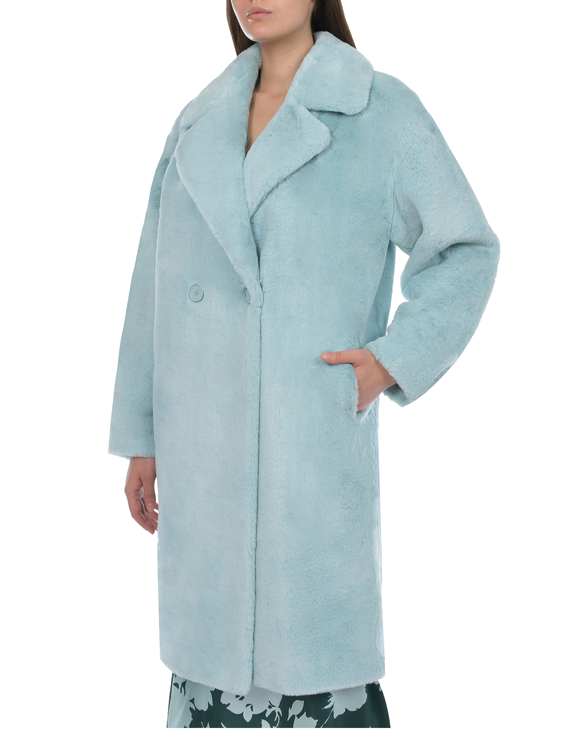 Голубое пальто из эко-меха Parosh, размер 42, цвет голубой - фото 6