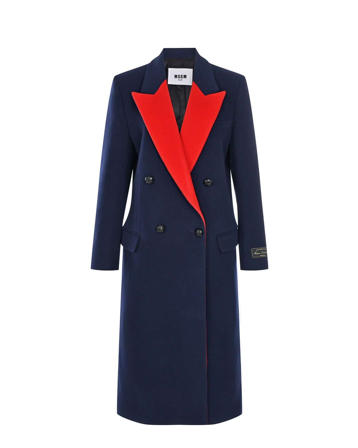 Двубортное пальто с красными лацканами, синее MSGM, размер 42, цвет синий