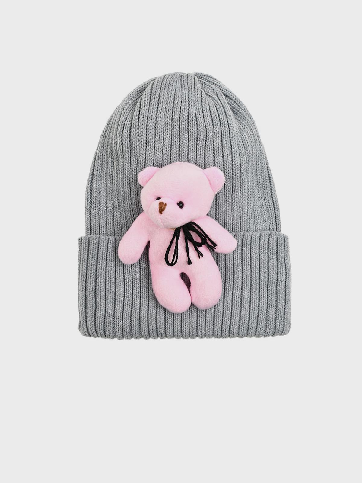 Шапка с игрушкой розовый мишка, серая Regina