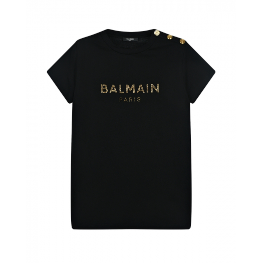 Черная футболка с логотипом из стразов Balmain | Фото 1