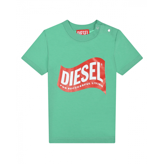 Зеленая футболка с красно-белым лого Diesel | Фото 1