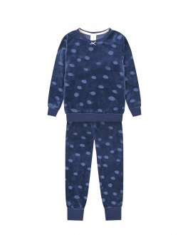 Темно-синяя велюровая пижама с принтом в горошек Sanetta Синий, арт. 233014 6174 | Фото 1