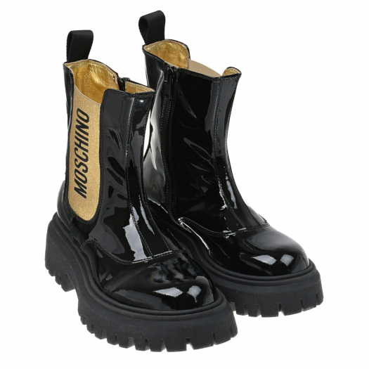 Черные ботинки челси с золотистыми резинками Moschino | Фото 1