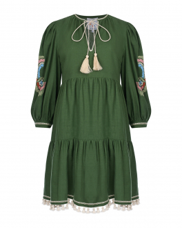 Зеленое платье с вышивкой на рукавах OLOLOL Зеленый, арт. OLD064V/9005.500/S22 | Фото 1
