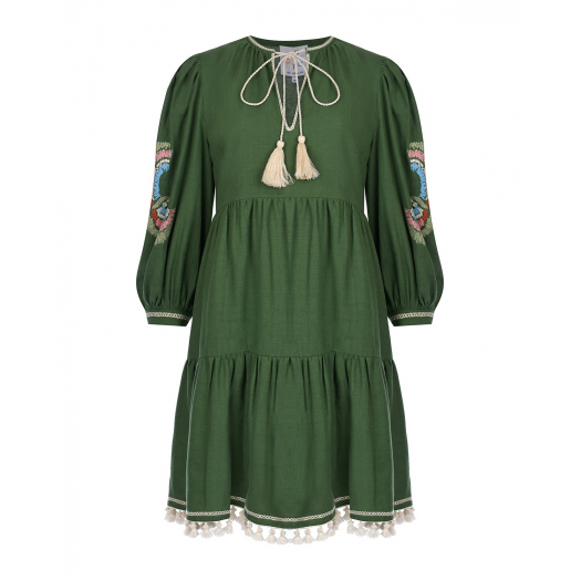 Зеленое платье с вышивкой на рукавах  | Фото 1