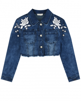 Укороченная джинсовая куртка с вышивкой и бахромой Monnalisa Синий, арт. 795106A8 5010 0055 | Фото 1
