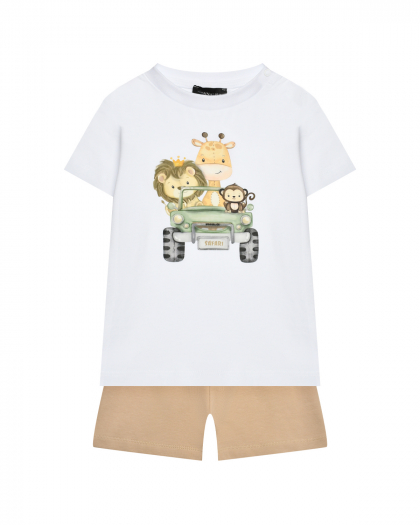 Комплект детский бермуды + футболка с принтом машина со зверями Monnalisa | Фото 1