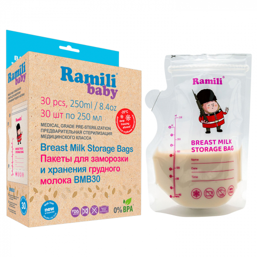 Пакеты для хранения и заморозки грудного молока, 30 пакетов в упаковке, 250 мг Ramili | Фото 1