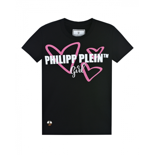 Черная футболка с логотипом и сердцами Philipp Plein | Фото 1