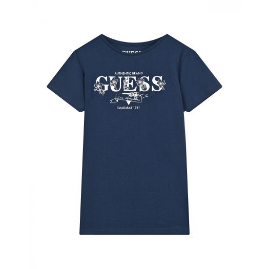 Темно-синяя футболка с белым логотипом Guess | Фото 1