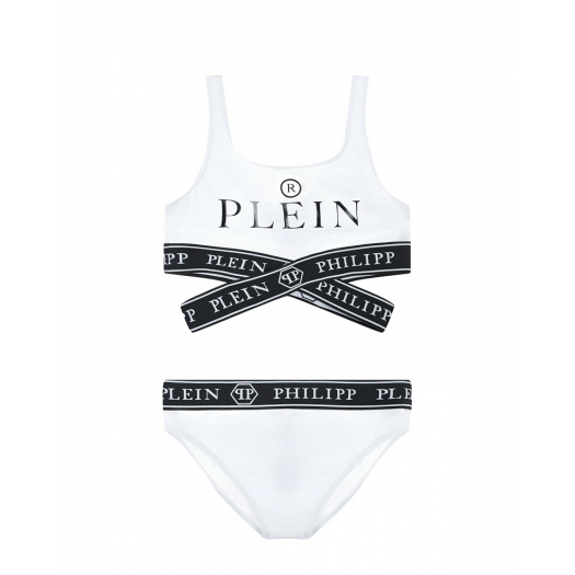 Белый купальник с черным лого Philipp Plein | Фото 1