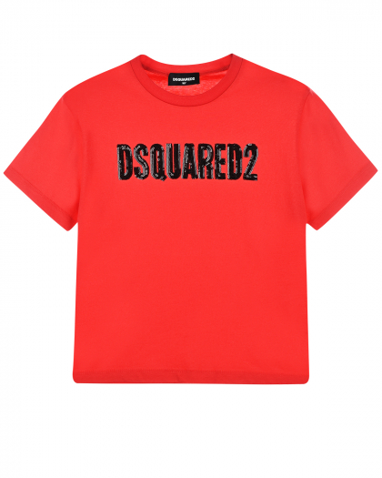 Красная футболка с логотипом из пайеток Dsquared2 | Фото 1