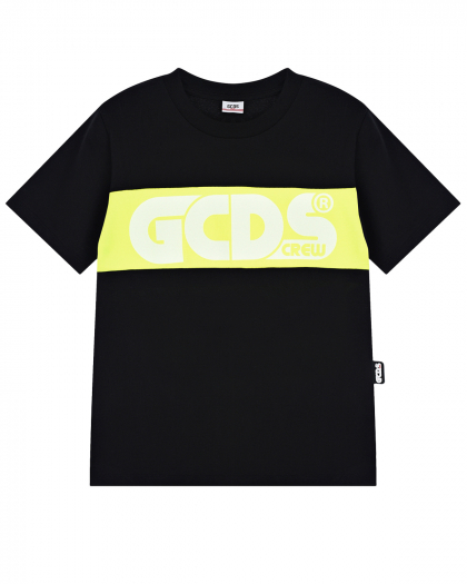 Черная футболка с желтой полосой GCDS | Фото 1