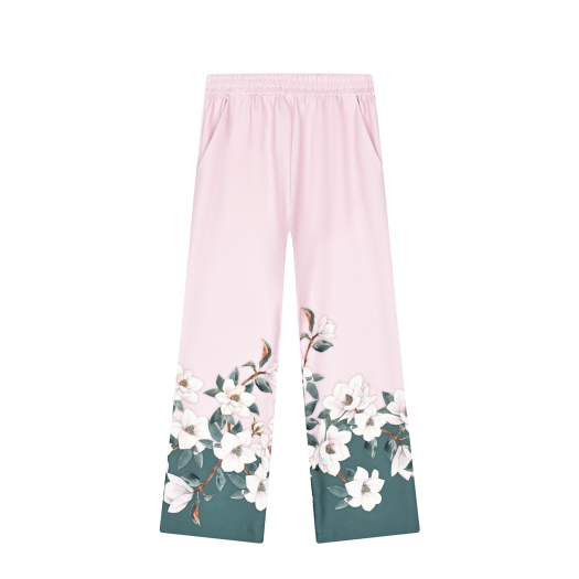 Светло-розовые спортивные брюки с цветочым принтом Monnalisa | Фото 1