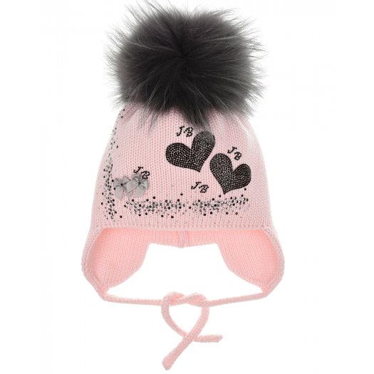 Розовая шапка с черным меховым помпоном Joli Bebe | Фото 1