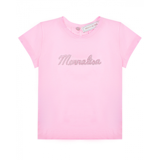 Розовая футболка с лого из страз Monnalisa | Фото 1