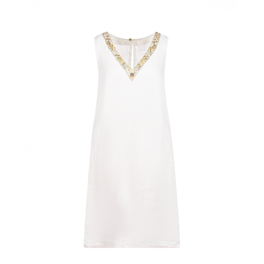 Белое платье с V-образным вырезом и декором 120% Lino | Фото 1
