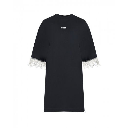 Черное платье-футболка со стразами на рукавах MSGM | Фото 1