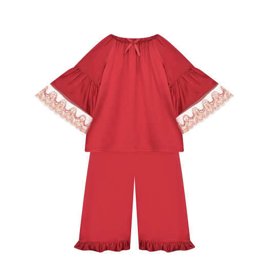 Бордовая шелковая пижама с кружевной отделкой AMIKI | Фото 1