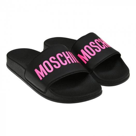 Шлепки с розовым лого, черные Moschino | Фото 1