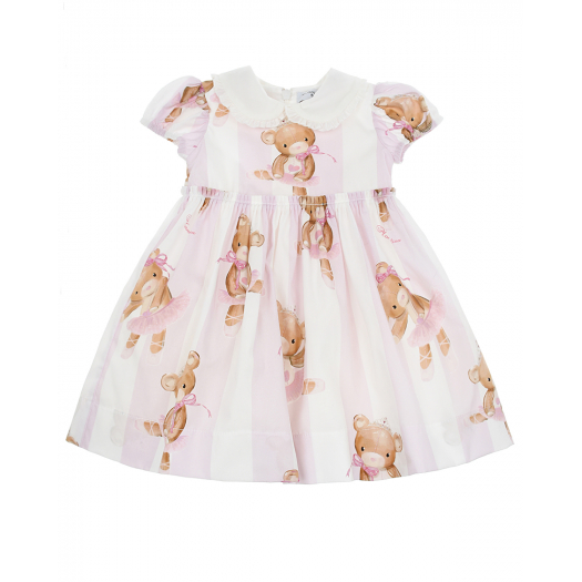 Бело-розовое платье с принтом &quot;медвежонок-балерина&quot; Monnalisa | Фото 1