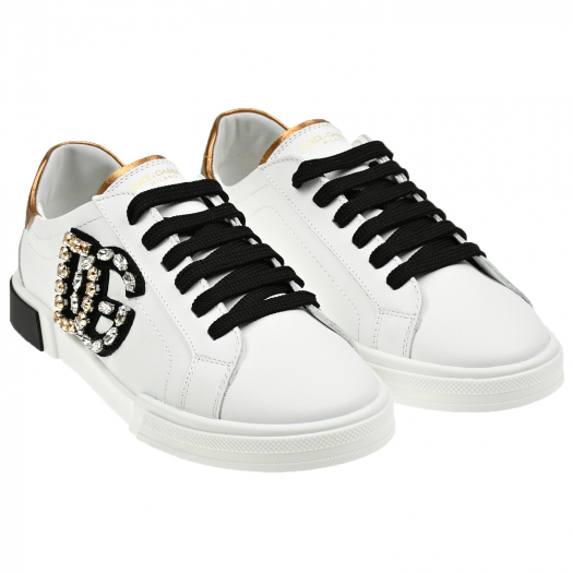 Кеды с эластичными шнурками и логотипом с камнями, белые Dolce&Gabbana | Фото 1