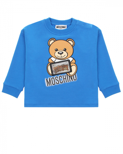 Голубой свитшот с принтом &quot;медвежонок с планшетом&quot; Moschino | Фото 1