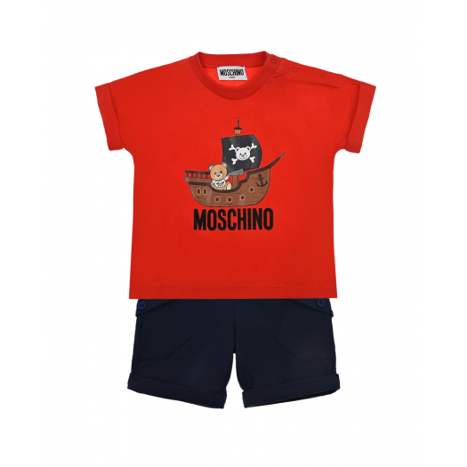 Комплект с принтом &quot;Мишка пират&quot; (футболка и шорты) Moschino | Фото 1