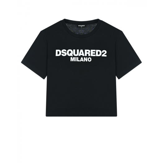 Укороченная черная футболка с белым логотипом Dsquared2 | Фото 1