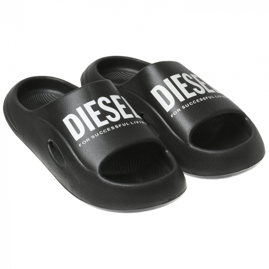 Черные шлепки с белым лого Diesel | Фото 1