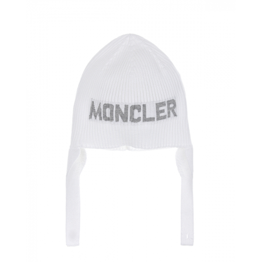 Белая шапка на завязках с серебристым логотипом Moncler | Фото 1