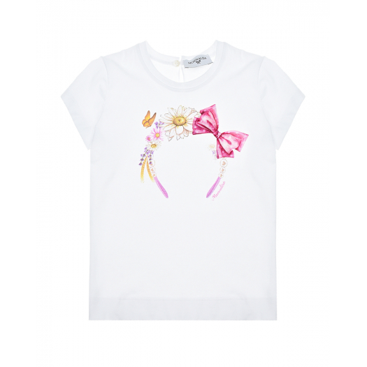 Белая футболка с принтом &quot;ободок с цветами&quot; Monnalisa | Фото 1