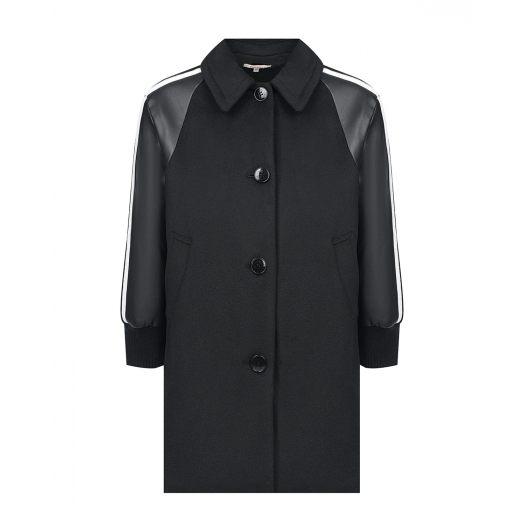 Черное пальто с рукавами из эко-кожи  | Фото 1