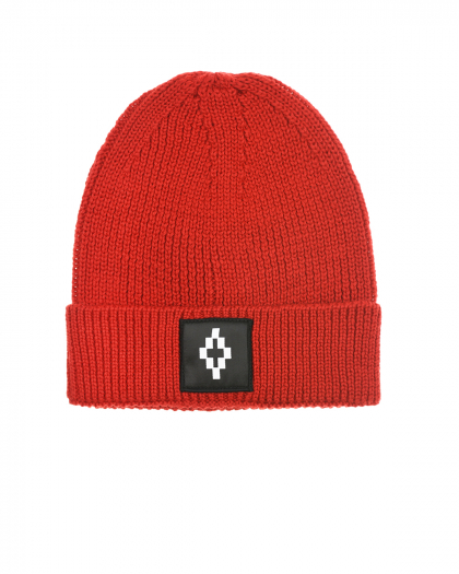Красная шапка из шерсти с логотипом на отвороте  | Фото 1