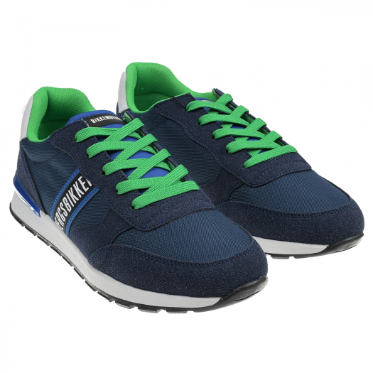 Темно-синие кроссовки с зелеными шнурками Bikkembergs | Фото 1