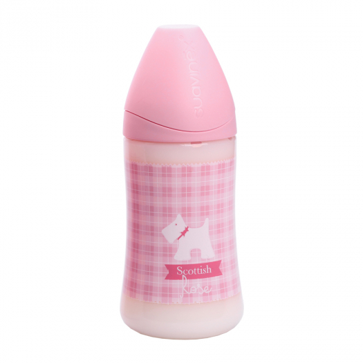 Бутылка Suavinex SCOTTISH 270 мл от 0 до 6мес. с силиконовой анатом. соской, блед. розовый, принт собачка  | Фото 1