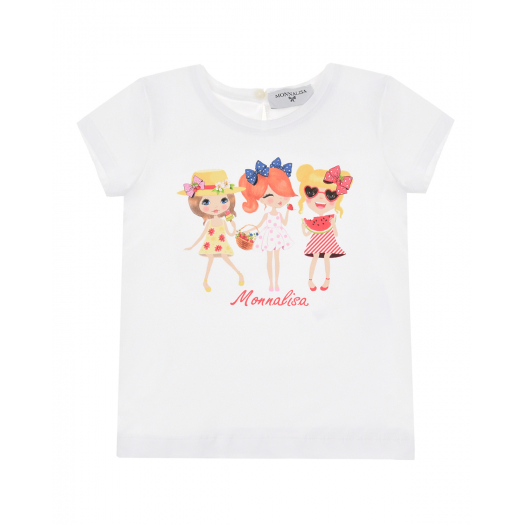 Белая футболка с принтом &quot;три девочки&quot; Monnalisa | Фото 1
