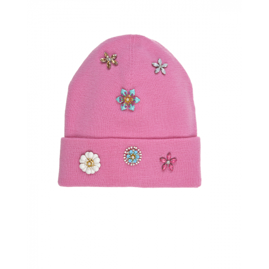 Розовая шапка с цветочками из декоративных камней Regina | Фото 1