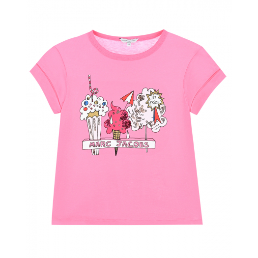 Розовая футболка с принтом, логотипом и пайетками  | Фото 1