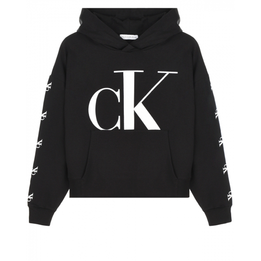 Черная толстовка-худи с белым логотипом Calvin Klein | Фото 1