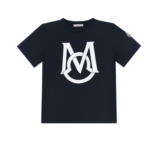 Темно-синяя футболка с белым логотипом Moncler | Фото 1
