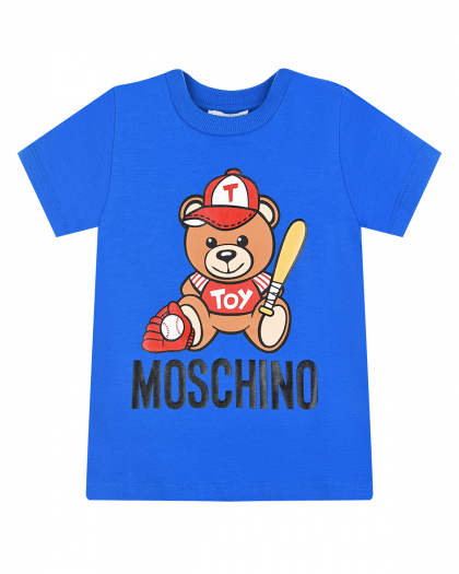 Синяя футболка с принтом &quot;медведь-бейсболист&quot; Moschino | Фото 1