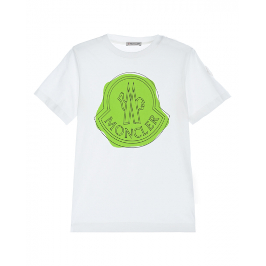 Белая футболка с зеленым логотипом Moncler | Фото 1