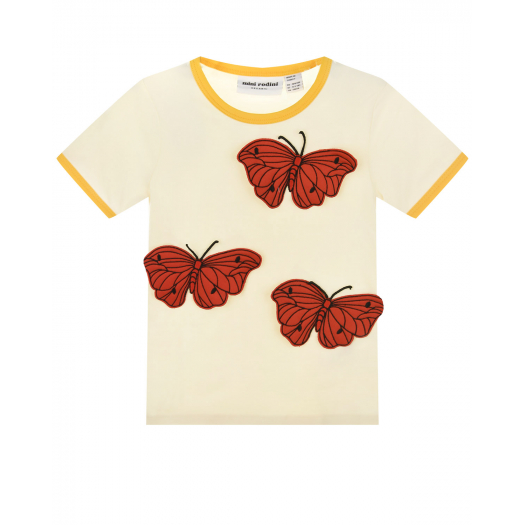 Кремовая футболка с бабочками и желтой окантовкой  | Фото 1